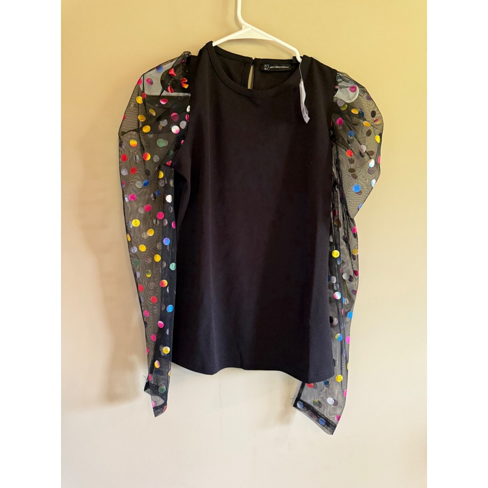 New York & Company Black Top Multi Color Metallic Polka Dot Mesh Puff Sleeve S